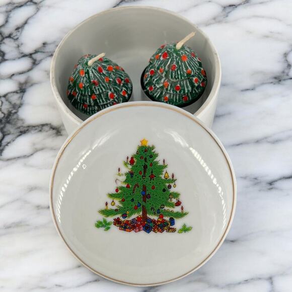 Whimsical Holiday Lidded Trinket Dish Christmas Tree & Tealight Candles - Picture 3 of 10
